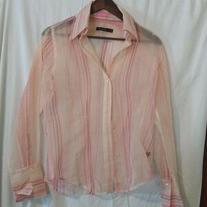 Pink striped chiffon, button blouse. Long cussa